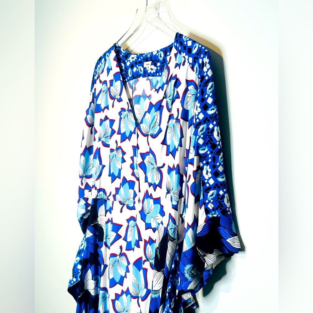 Warm Leaf Kimono Printed Midi Waist Tie Blue White Dress Size 0 - Picture 10 of 16